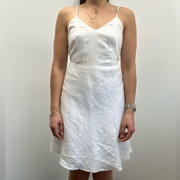 Azulu White Linen Open back Cross Strappy Back Mini Dress A-line Skirt Size 2 - Picture 2 of 12